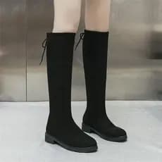 Botas altas pretas femininas inverno novas botas chiques de salto alto botas planas na altura do joelho botas de camurça