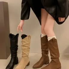 Retro pilha botas femininas 2025 outono inverno novo estilo salto grosso não joelho tubo alto mais magro olhar ocidental