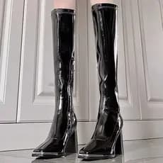 Kendou mesmo estilo botas finas finas dedo do pé quadrado botas altas mulheres salto grosso botas elásticas cavaleiro bo