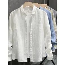 Primavera outono novo estilo de linho masculino cor sólida lapela camisa de manga comprida na moda All-Match solto camis