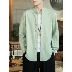 Estilo chinês masculino linho abotoado Tang terno masculino camisa de manga comprida estilo chinês Plus Size jovem médio