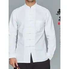 Tang terno masculino linho camisa de manga comprida estilo chinês Retro estilo chinês gola alta topo de meia-idade estil