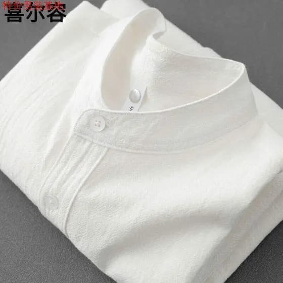 Camisa de manga curta de linho de algodão com gola Henry de manga curta de linho de cor sólida gola alta verão primavera