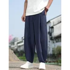 Estilo chinês verão novo estilo chinês juventude calças de perna larga algodão linho solto tamanho grande prática Bloome