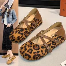Retro All-Match dedo do pé redondo aumento interno fivela plana boca rasa Mary Jane leopardo impressão sapatos 2026 prim