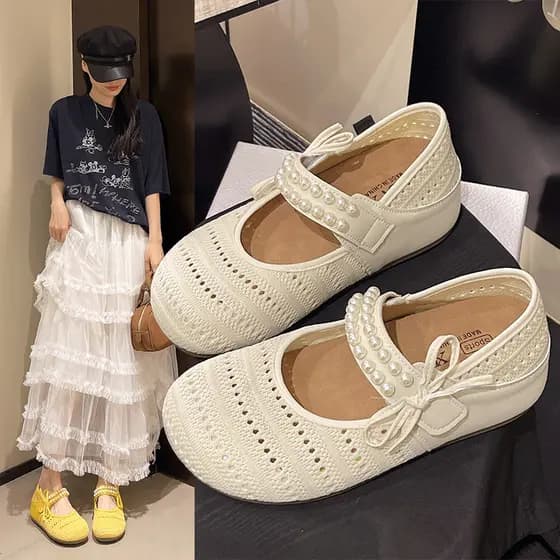 Francês oco malha pérola arco Mary Jane sapatos 2026 verão novo estilo sola macia respirável estilo suave sapatos femini