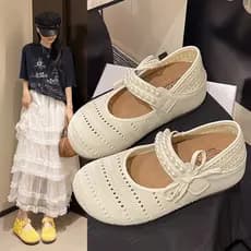 Francês oco malha pérola arco Mary Jane sapatos 2026 verão novo estilo sola macia respirável estilo suave sapatos femini