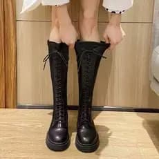 Martin botas pretas mais finas olhar rendas botas altas não joelho botas longas femininas 2026 inverno botas de couro ma