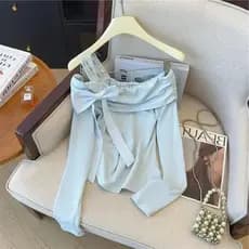 Top de um ombro versão coreana arco amarrado manga comprida camiseta feminina ajuste fino sem alças Base interna quente