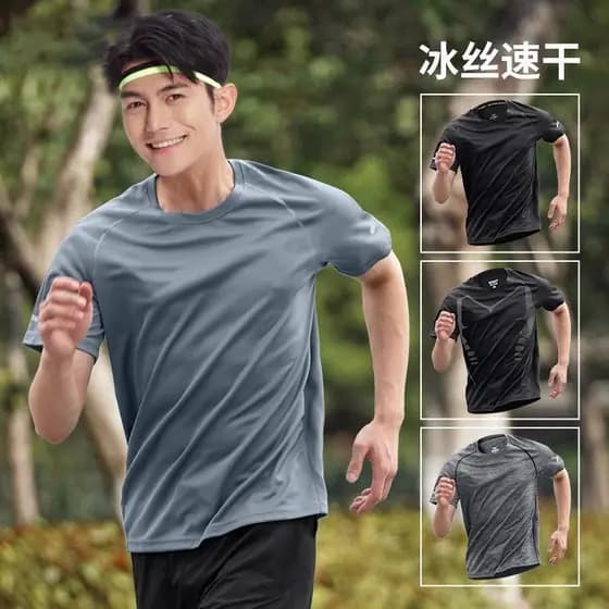 Camiseta masculina de secagem rápida de seda gelo verão fino esportes de manga curta solta correndo roupas de Fitness ro