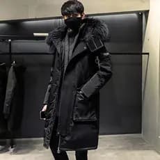 2025 novo estilo gola de pele grande comprimento médio jaqueta masculina engrossado quente sobre o joelho Multi-Pock