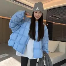 Jaqueta feminina com gola redonda, 2025, inverno, novo estilo, nuvem espessada, xadrez, pato branco claro, jaqueta solta