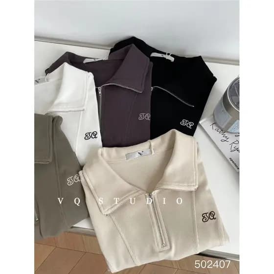 VQ estilo americano estilo Preppy meio zíper bordado cor sólida manga curta camiseta cintura alta curto pequeno topo cam