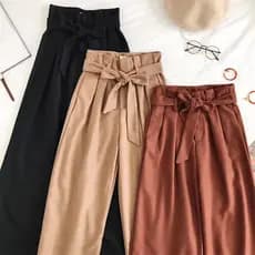 Duplo Doze Qing JUZI Calças de cintura Ultra alta com pernas largas de lã para inverno Calças de perna reta Tether