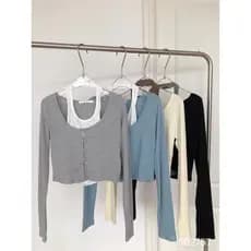 Junho picante nicho bm estilo curto puro desejo camiseta blusa de manga comprida blusa de duas peças + gola alta estilin