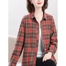 Mulheres idosas de meia-idade primavera outono novo estilo xadrez camisa de algodão solto moda puro algodão camisa solta