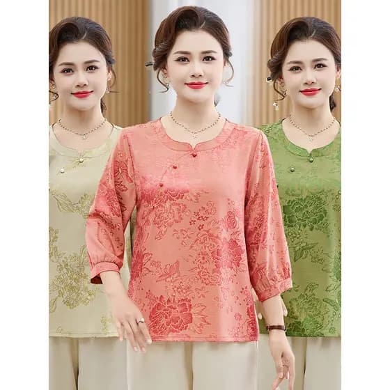 Camisa feminina estilo chinês Jacquard manga três quartos em torno do pescoço camisa pequena meia-idade idosa mãe roupas