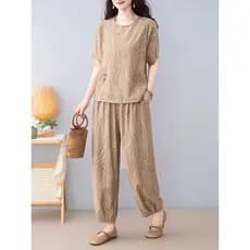 Literário Retro algodão linho terno feminino verão 2026 novo estilo solto mais magro olhar Jacquard topo Harem calças de