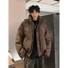 Merad jaqueta marrom acolchoada jaqueta masculina terno de inverno engrossado jaqueta de couro PU gola alta jaqueta acol