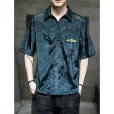 Camisa polo bordada azul marinho masculina de manga curta verão nacional na moda cetim cor lapela camisa polo estilo chi