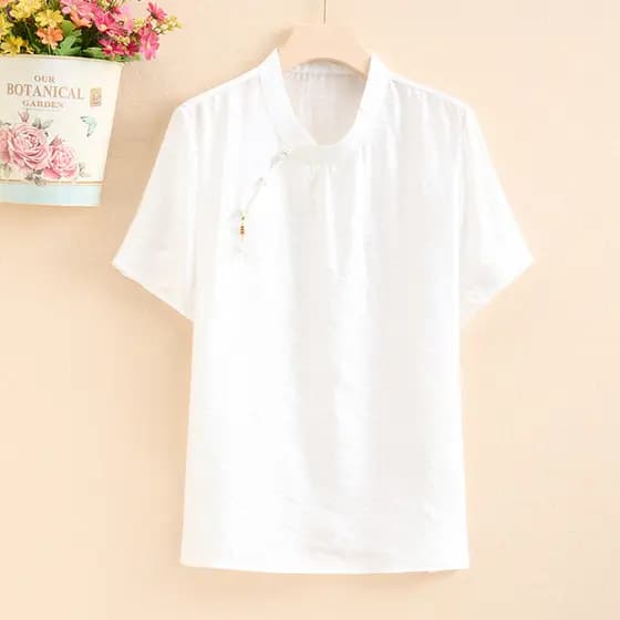 Redução de idade chinês Retro abotoado meia gola alta branco leve camiseta feminina tamanho grande cobrindo camisa peque