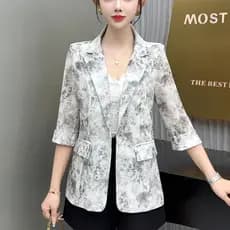 Verão novo estilo elegante impresso manga de três quartos fino pequeno terno feminino jaqueta curta tamanho grande fino-