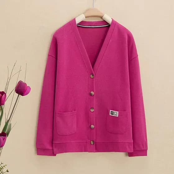 2025 primavera outono novo estilo com decote em V Retro arte tamanho grande Cardigan feminino solto de manga comprida al