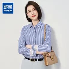 [Algodão misturado] Romon Primavera Outono Senhoras Camisa de Manga Comprida Listrada Simples Generoso Camisa Urbana Com