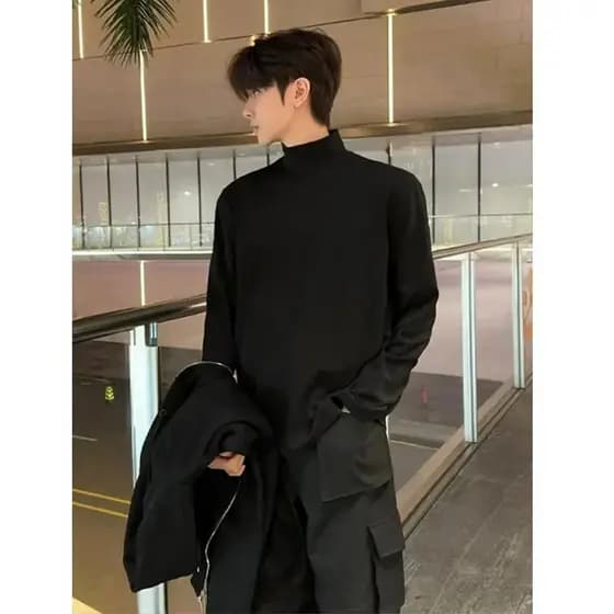 Preto meia gola alta alemão veludo camisa de fundo masculino outono inverno cleanfit manga comprida camiseta forro de lã