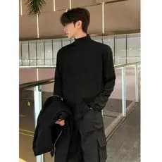 Preto meia gola alta alemão veludo camisa de fundo masculino outono inverno cleanfit manga comprida camiseta forro de lã