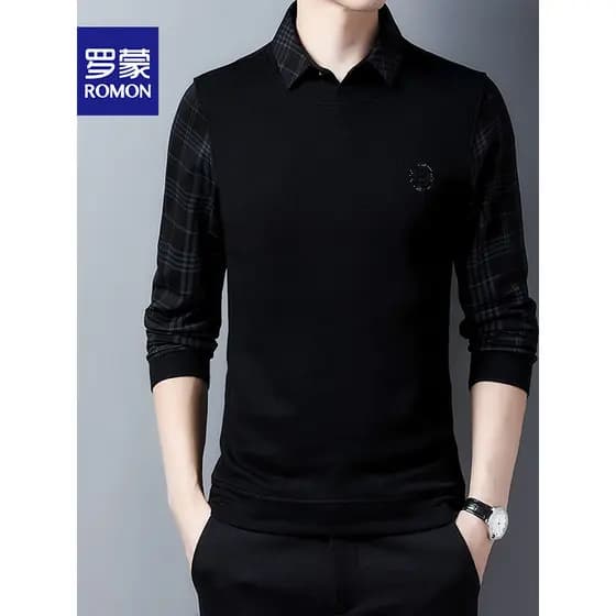 Lomon camisa gola moletom masculino primavera outono novo estilo falso malhas de duas peças forro de lã espessamento out
