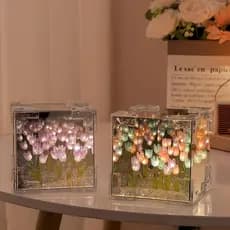 Luminária de Tulipa LED Cubo Espelho Artesanal Luz Noturna Presente Romântico