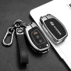 Capa para Chave de Carro Hyundai 2015-2026 HB20/HB20S em Liga Metálica Fosca + Couro EA1N
