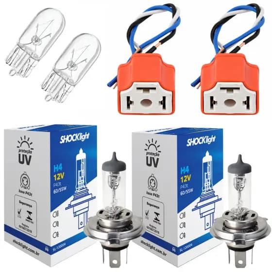 Kit Lâmpadas H4 Halogena Shocklight Soquete Cerâmico + T10 Par Farol Alto Baixo e Pingo Super Brilho Alta Potência