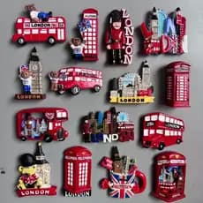 Ímã de geladeira britânico Inglaterra Londres Big Ben Ponte Cabine telefônica Ônibus Soldado Mala Ur 82FA