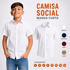 Camisa Social Infantil e Juvenil Manga Curta Branca e Cores