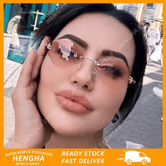 (HENGHA) Óculos de Sol Femininos Coloridos com Diamantes, Estilo Ocidental, Modernos, de Metal, Sem Armação, com Letras