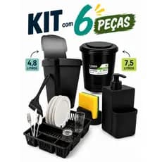 kit 6 peças organize sua cozinha com este: lixeiras, escorredor, dispenser, porta esponja e rodinho. kit cozinha gold