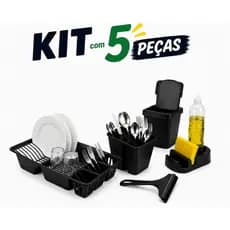 KIT COZINHA COMPLETO 6 PEÇAS ESCORREDOR DE LOUÇAS PORTA DETERGENTE PORTA ESPONJA LIXEIRAS RODINHO LIXEIRA 4,8 7,5 LITROS