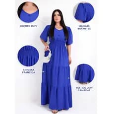 Vestido Feminino Festa Longo Evangélico Azul Lastex na Cintura Casual Leve Confortável