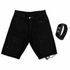 Bermuda Masculina Rasgada Jeans Shorts Preto Masculino + Relógio Para Esporte