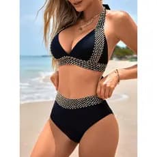 Conjunto De Duas Peças Maiô Biquíni Halter E Cintura Alta Para Mulheres De Praia Moda