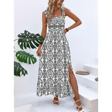 Vestido midi feminino de chiffon com alças ajustáveis e fenda na barra,Adequado Para Festas Diárias Nas Férias Na Praia