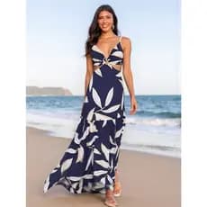 Vestido Longo De Praia Para Madrinha Elegante Saia Envelop Com Estampa De Planta Tropical