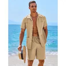 2 Peças Conjunto De Camisa Cubana Guayabera Masculina