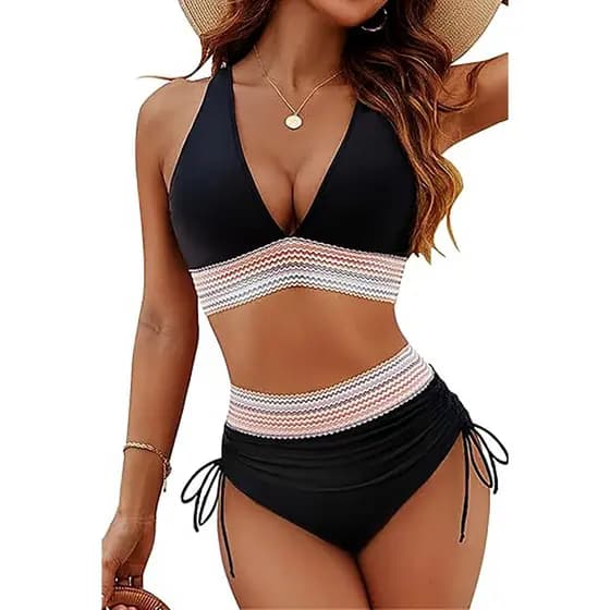 Conjunto De Biquíni Feminino De Cintura Alta Com Controle De Barriga Bloco Colorido De Duas Peças Com Cordão