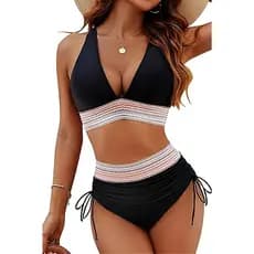 Conjunto De Biquíni Feminino De Cintura Alta Com Controle De Barriga Bloco Colorido De Duas Peças Com Cordão