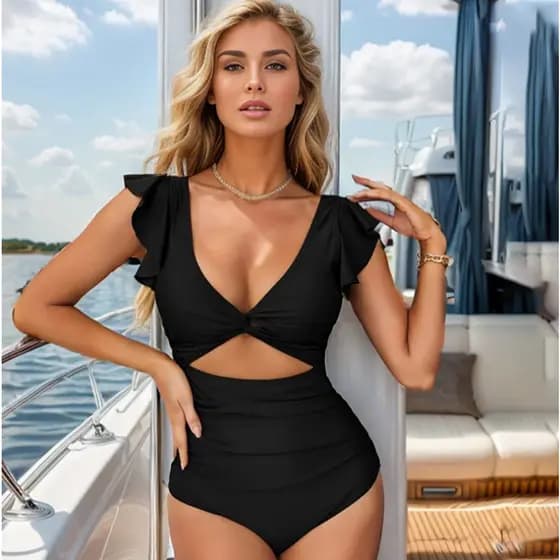 Maiô Com Recorte Torcido,Cintura Plissada E Mangas Borboleta,Perfeito Para O Verão