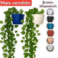 Kit com Vaso Decorativo + 2 Plantas Pendentes Verdes Artificiais para Ambiente Interno e Varanda cerâmico