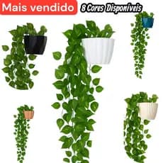 Conjunto Vaso Estilo Cerâmica + Duas Plantas Penduradas Artificial Verde para Decoração de Parede